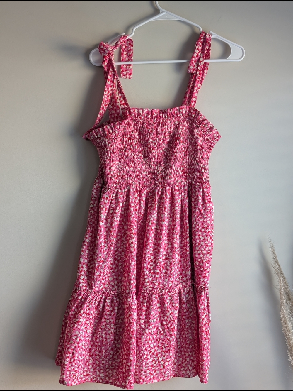 Pink Tie-Shoulder Smocked Dress